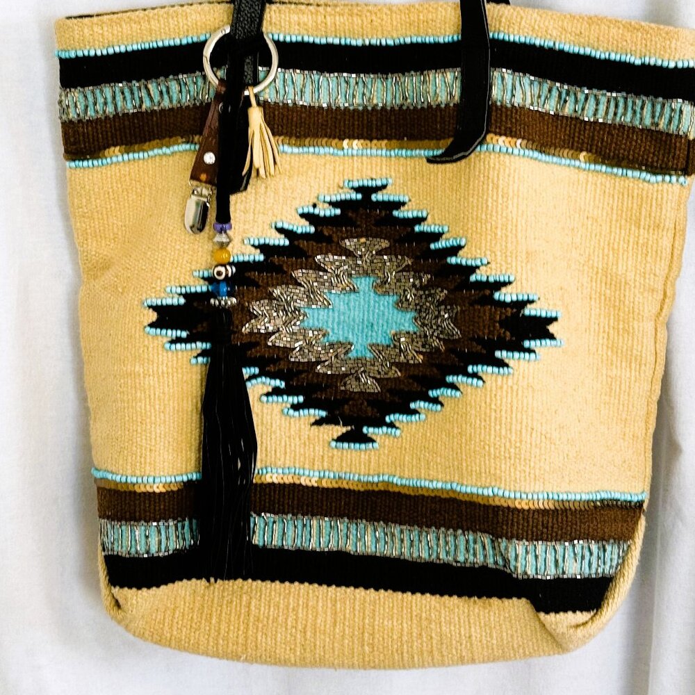 Santa Fe Large Tote Bag, Made by ALDO, Beaded Indian Design with strap handles.